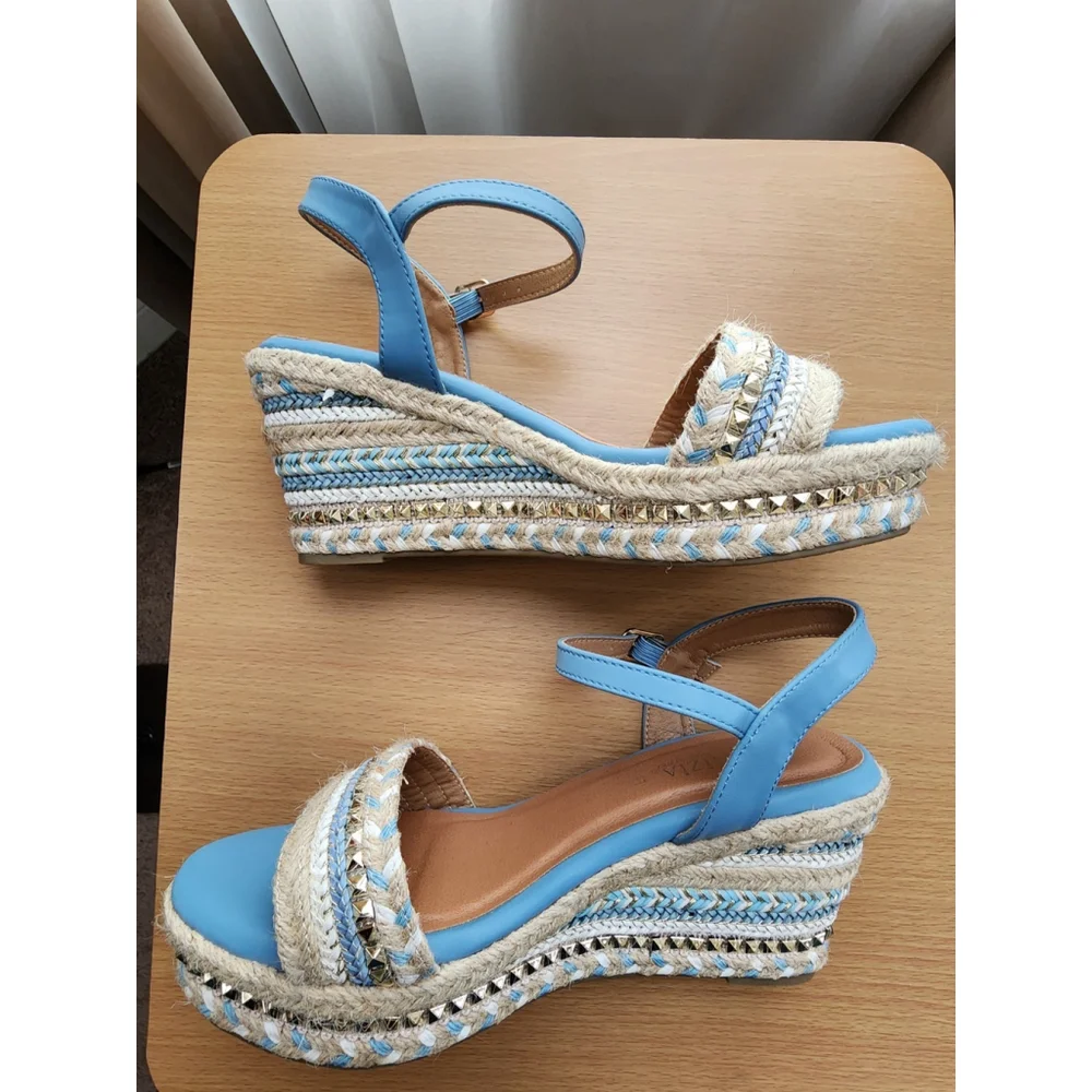 Patrizia Tisch Woven Wedge Light Blue Embellished Espadrille Sandals US 9.5 EU41